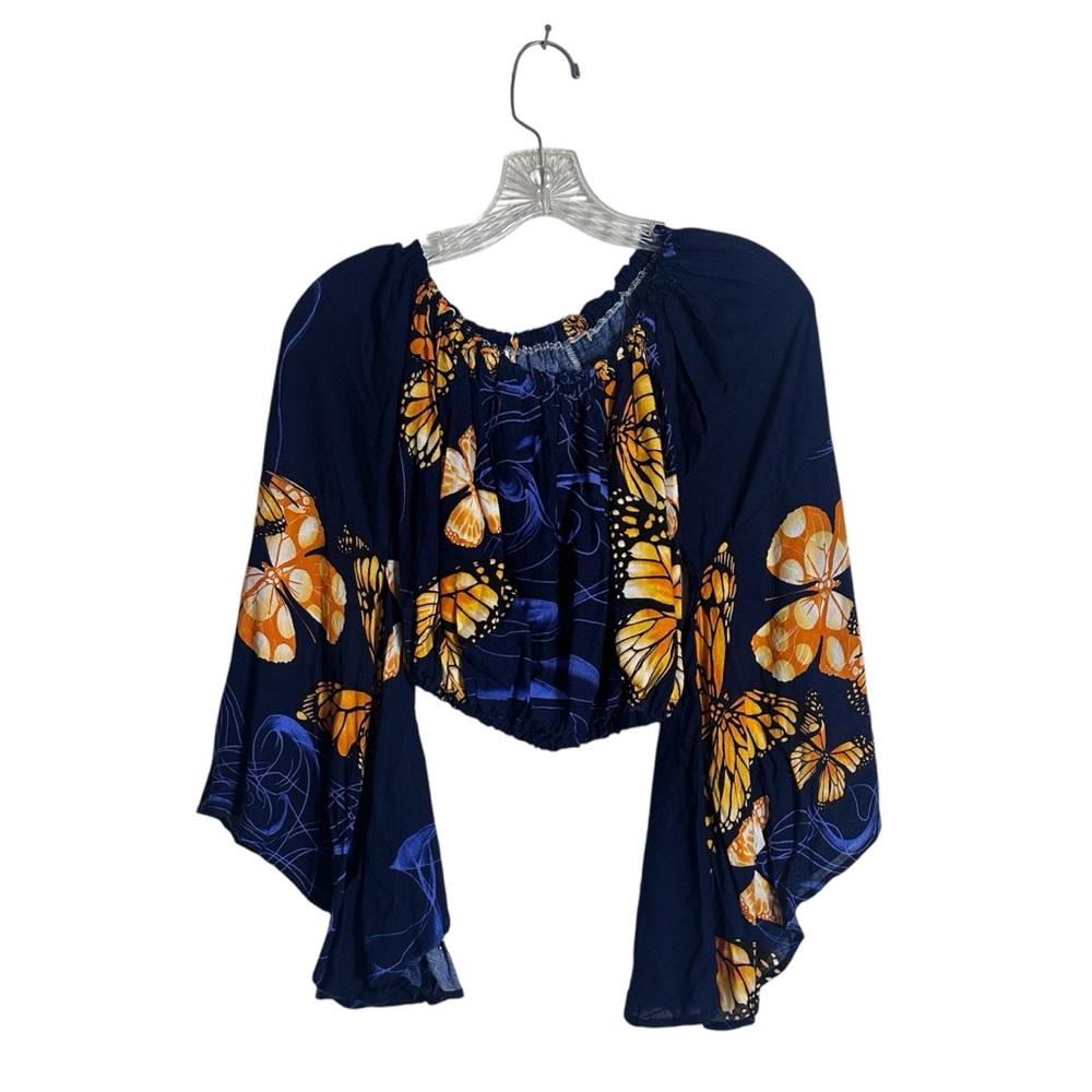 Blue/Gold Butterfly Crop Blouse with Off-the-Shoulder Neckline and Bell Sleeves